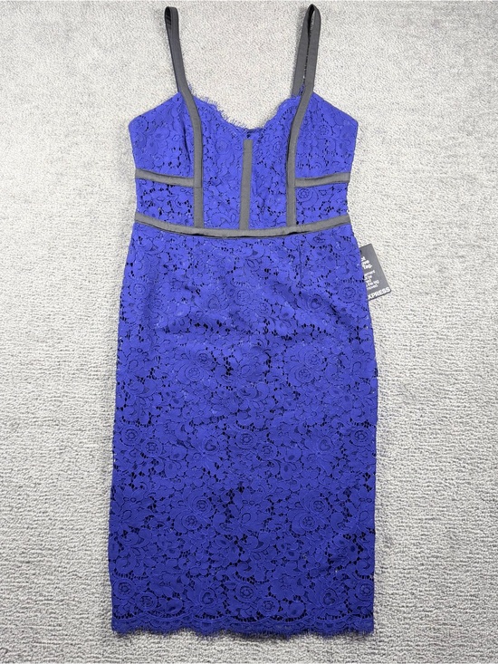 Express Dresses & Skirts - Express Dress Womens Sz 6 Small Blue Lace Black Trim Midi Bustier V Neck Evening